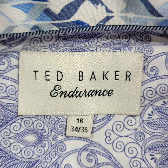 Ted Baker Endurance Button Up Shirt Mens 16 34/35 Blue Houndstooth Paisley Cuffs - Picture 3 of 16